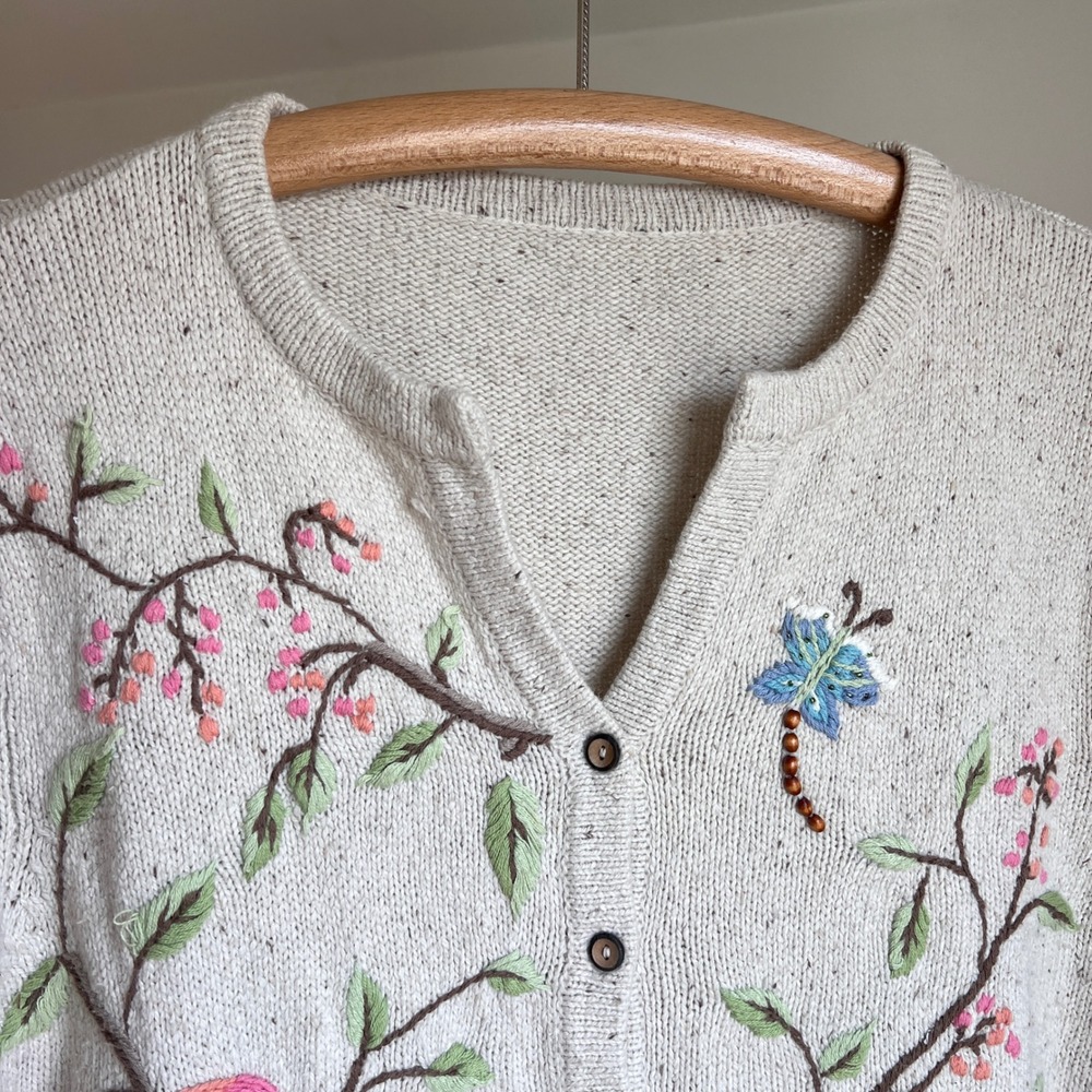 Vintage Embroidered Bird Butterfly Cardigan Beaded Oatmeal Knit Cottagecore Boho - Picture 3 of 8